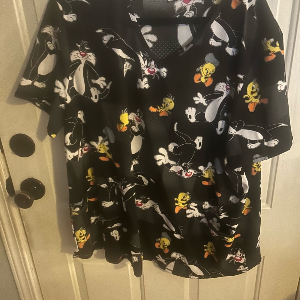 Scrubstar Black Sylvester & Tweety Cartoon Print V-Neck Scrub Top
